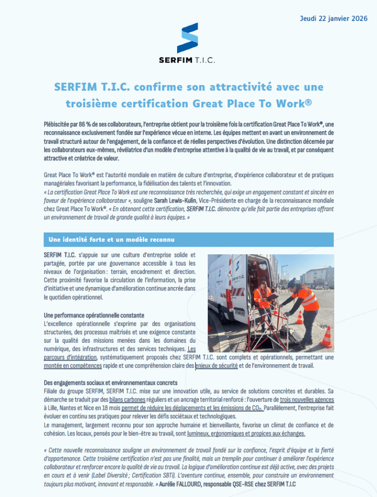 Communiqué de presse Great Place To Work SERFIM TIC 0126